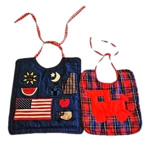 Hand Crafted upcycled bids 2pc-Set double-sided train plaid quilted embroidered